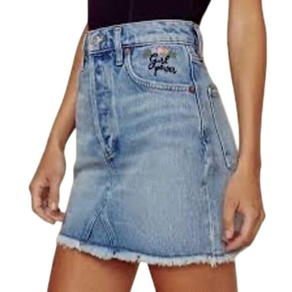 New AGOLDE Quinn High Rise Embroidered Girl Power Denim Mini Skirt